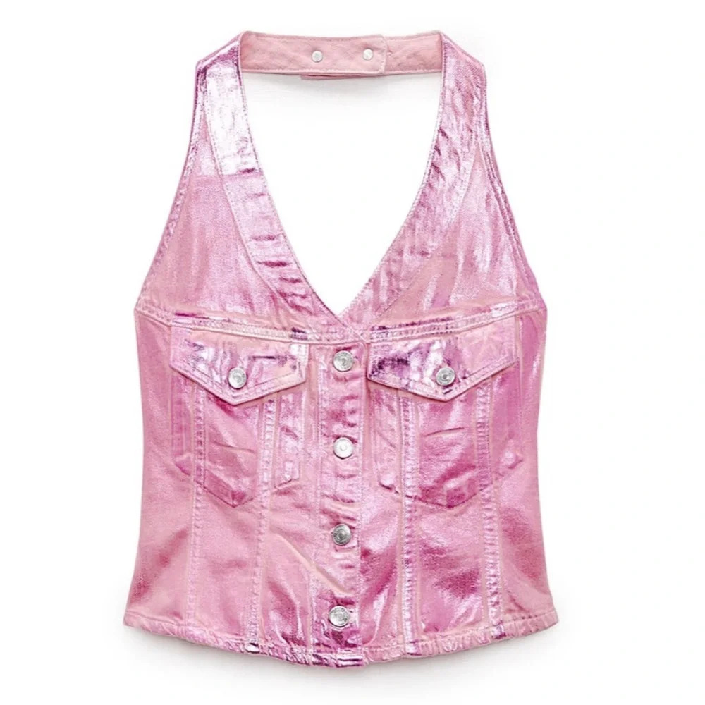 Zara Metallic Pink Halter Top